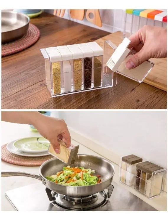 6-Piece Crystal Spice Jar Dispenser Set – Easy Flow Masala Rack