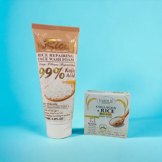 Yardlie Rice Repairing Face Wash & Collagen + Rice Beauty Cream Duo – Kojic Acid Skin Brightening Set
