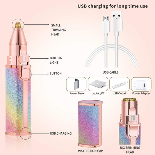 Flawless 2-in-1 Eyebrow Trimmer for Women – USB Rechargeable Facial Hair Remover with Cleaning Brush
