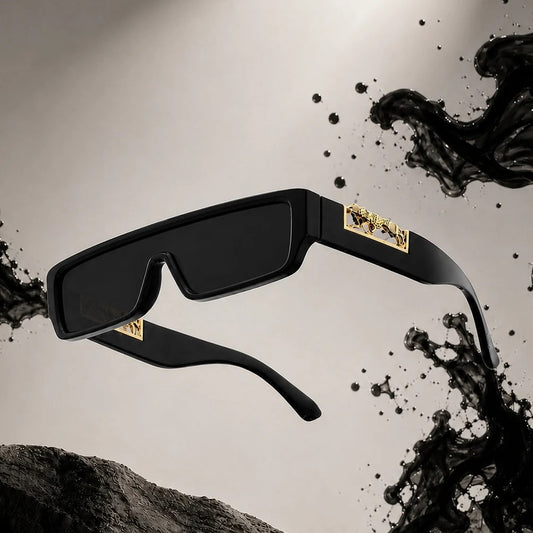 Leopard Logo UV400 Rectangular Sunglasses – Unisex Black Frame
