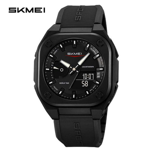 SKMEI Original Men's World Timer Sports Watch ( Black & Black with green belt)