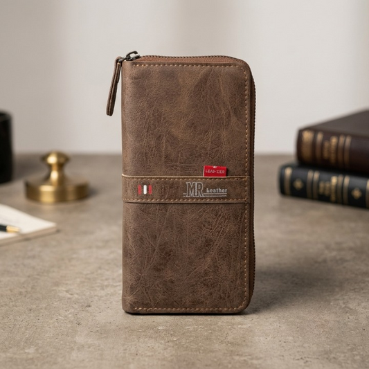MR Leather Wallet with Zipper – Premium Brown Men's Wallet