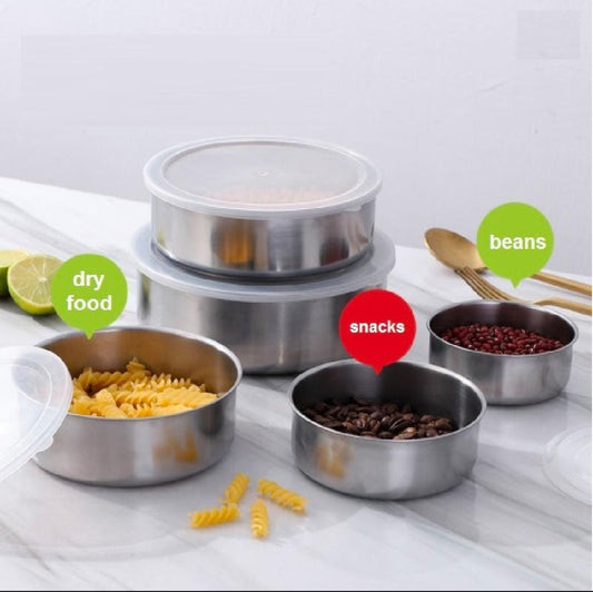 5pc Set Stainless Steel Bowl with Lid Kitchen Refrigerator Food Storage