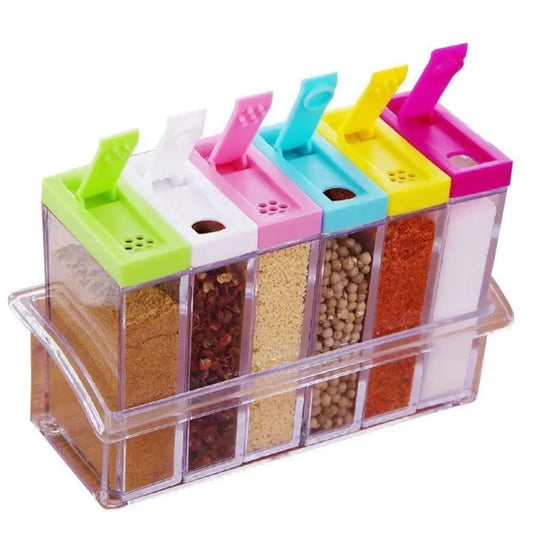 6-Piece Crystal Spice Jar Dispenser Set – Easy Flow Masala Rack
