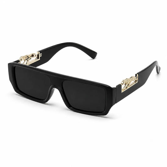 Leopard Logo UV400 Rectangular Sunglasses – Unisex Black Frame