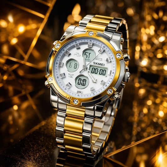 SKMEI 1389 Men's Analog Digital Business Watch – Gold & Silver (Without Box)