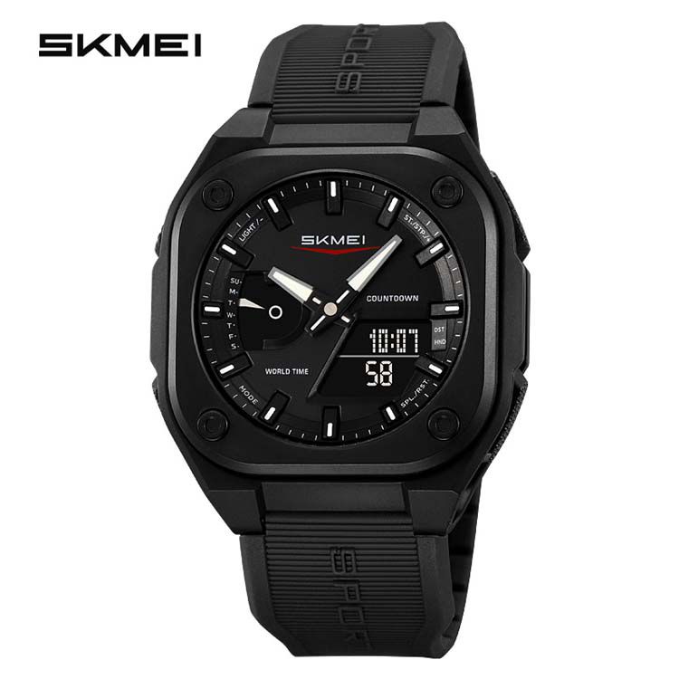 SKMEI Original Men's World Timer Sports Watch ( Black & Black with green belt)