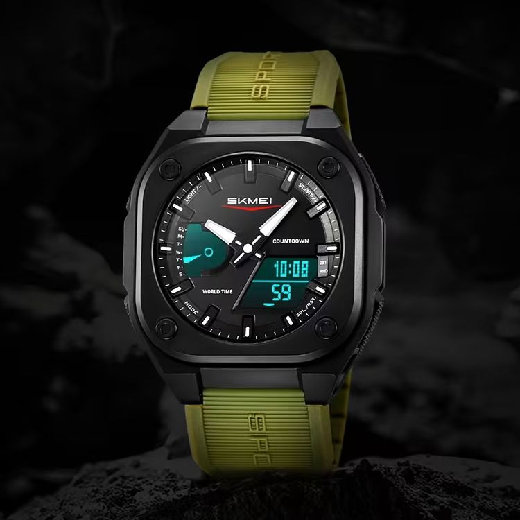 SKMEI Original Men's World Timer Sports Watch ( Black & Black with green belt)