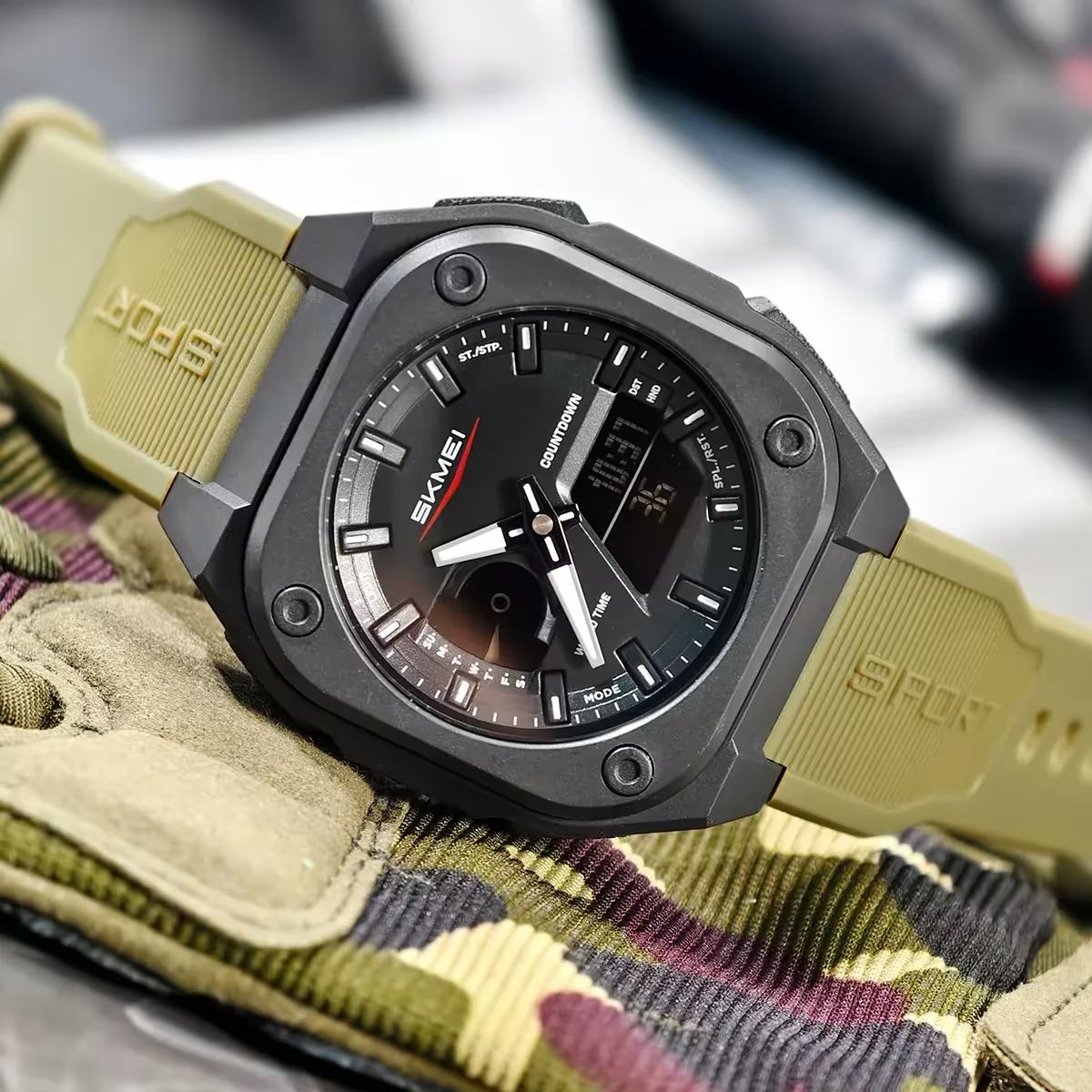 SKMEI Original Men's World Timer Sports Watch ( Black & Black with green belt)