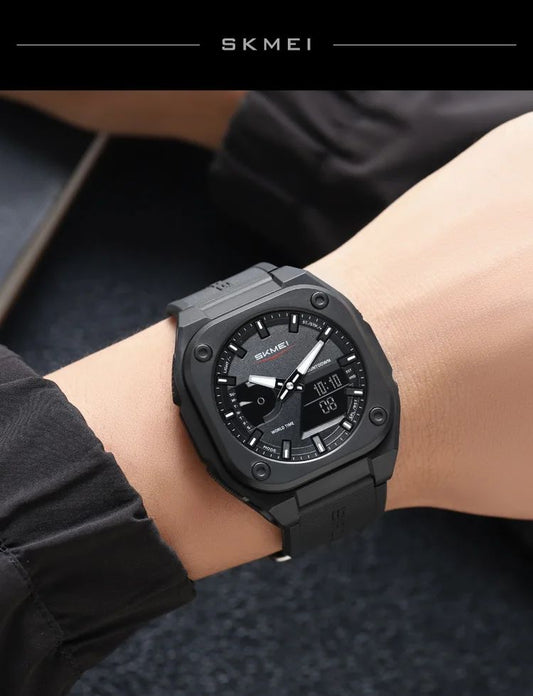 SKMEI Original Men's World Timer Sports Watch ( Black & Black with green belt)