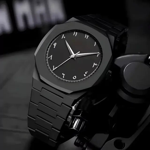 Black Minimalist Analog Wrist Aura Watch With Stainless Steel Strap