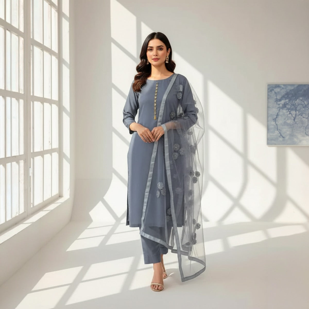 Premium Katan Silk Unstitched 3 Piece Suit With Net Dupatta For Women (Random colour)