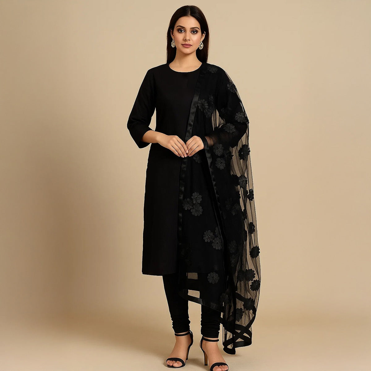 Premium Katan Silk Unstitched 3 Piece Suit With Net Dupatta For Women (Random colour)