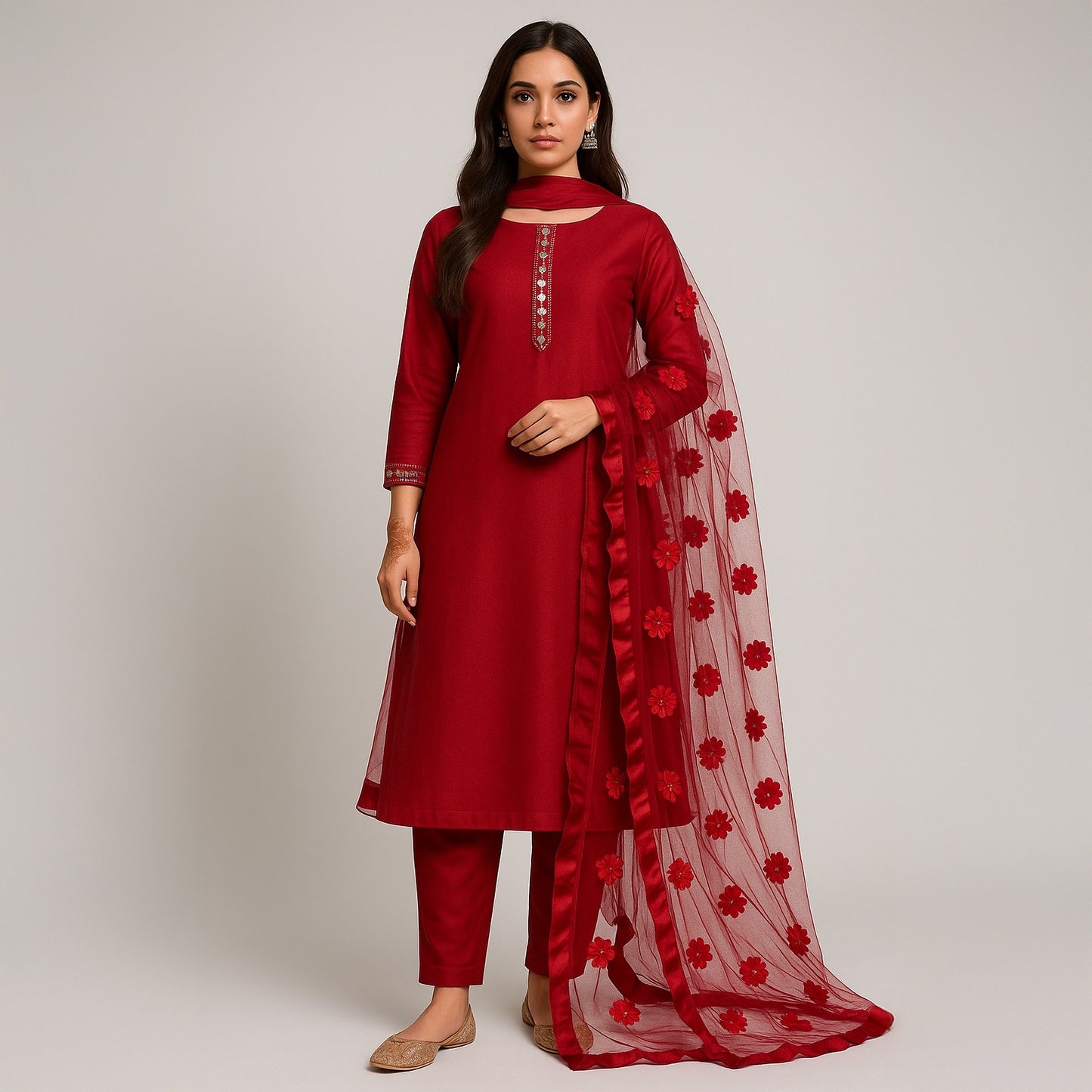 Premium Katan Silk Unstitched 3 Piece Suit With Net Dupatta For Women (Random colour)