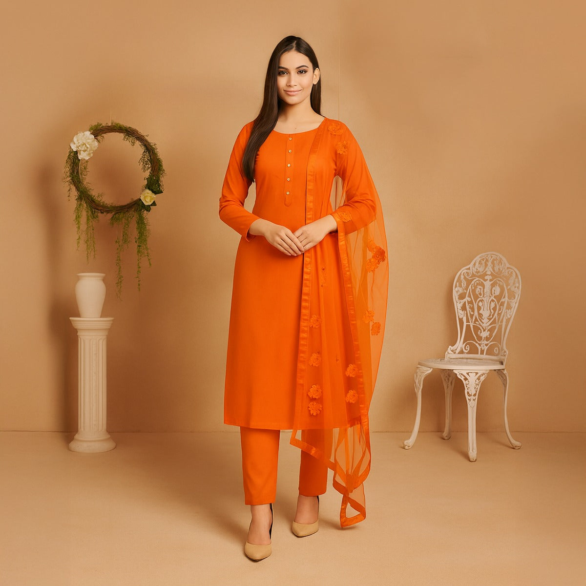 Premium Katan Silk Unstitched 3 Piece Suit With Net Dupatta For Women (Random colour)
