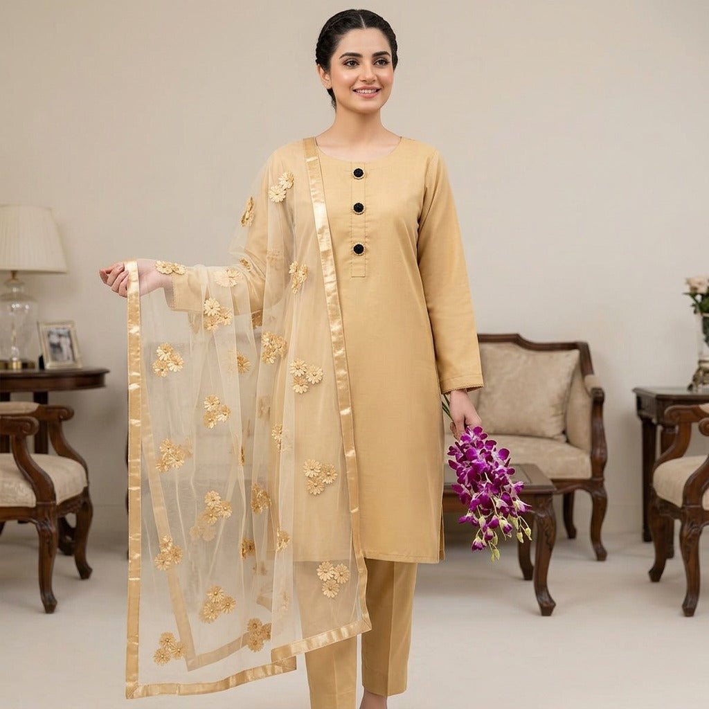 Premium Katan Silk Unstitched 3 Piece Suit With Net Dupatta For Women (Random colour)