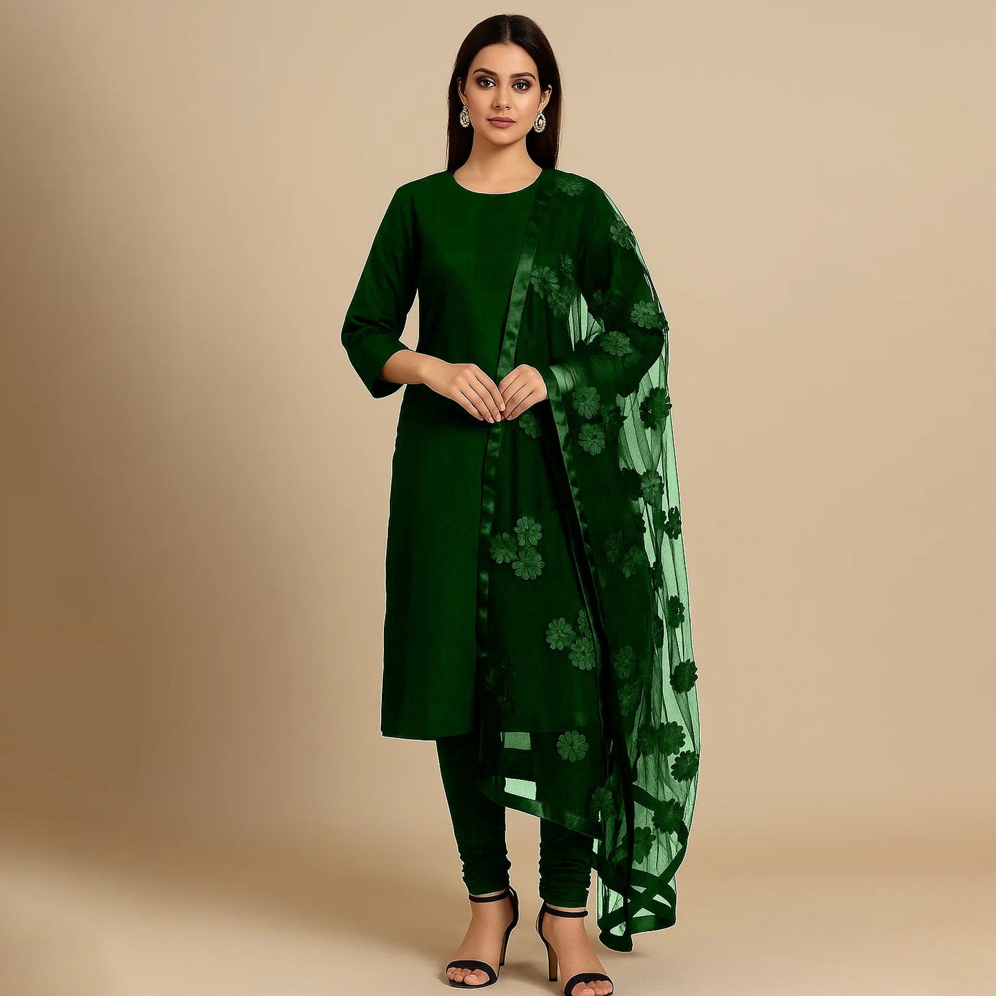 Premium Katan Silk Unstitched 3 Piece Suit With Net Dupatta For Women (Random colour)