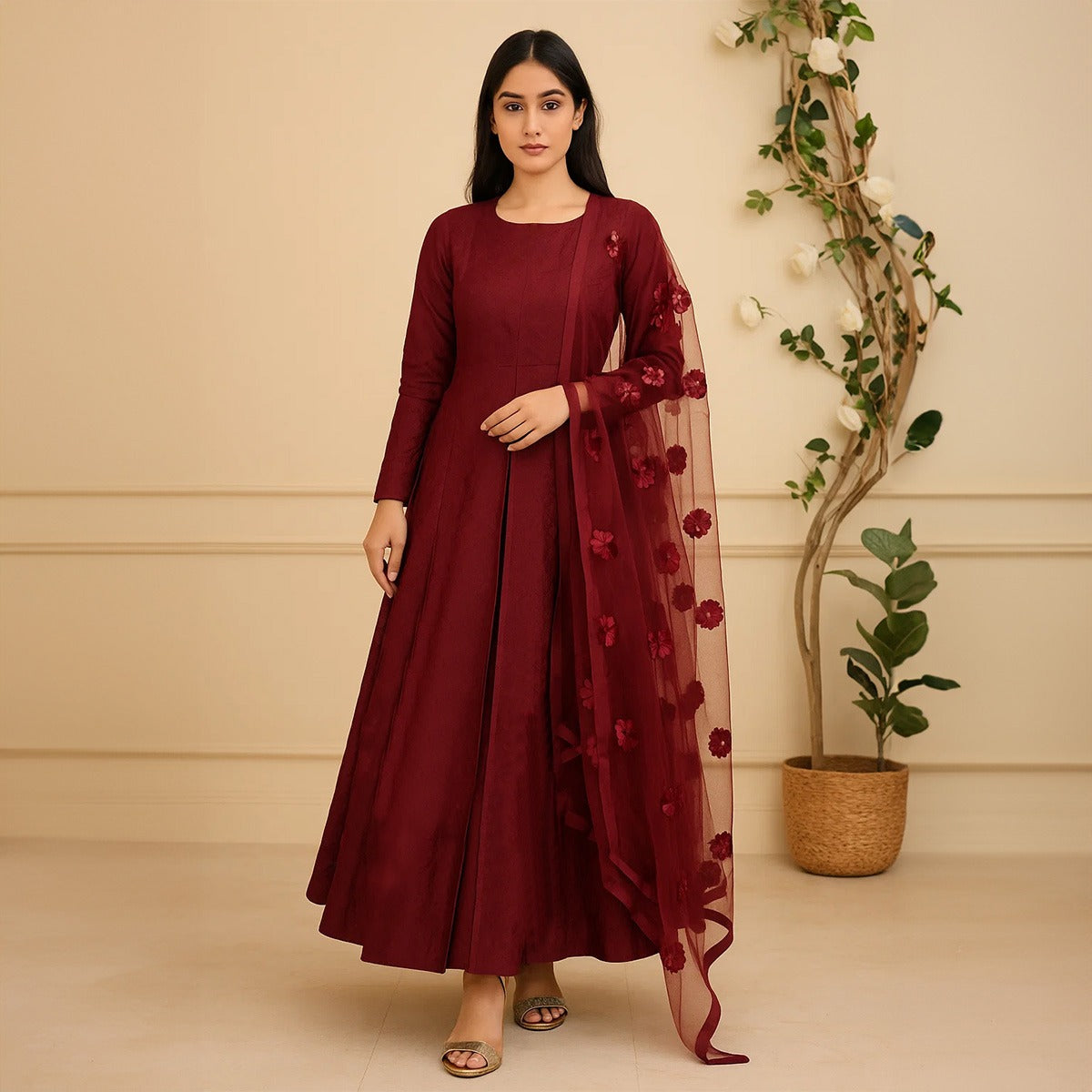 Premium Katan Silk Unstitched 3 Piece Suit With Net Dupatta For Women (Random colour)
