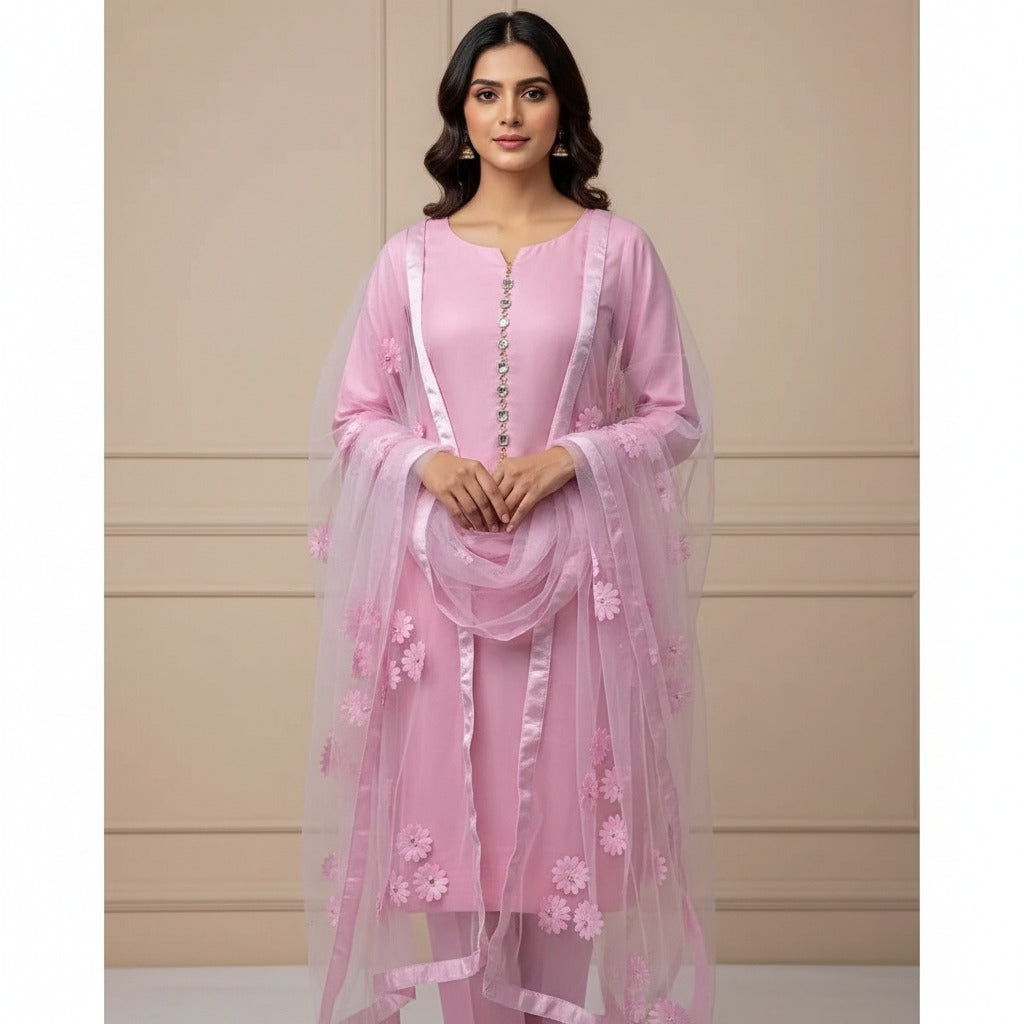Premium Katan Silk Unstitched 3 Piece Suit With Net Dupatta For Women (Random colour)