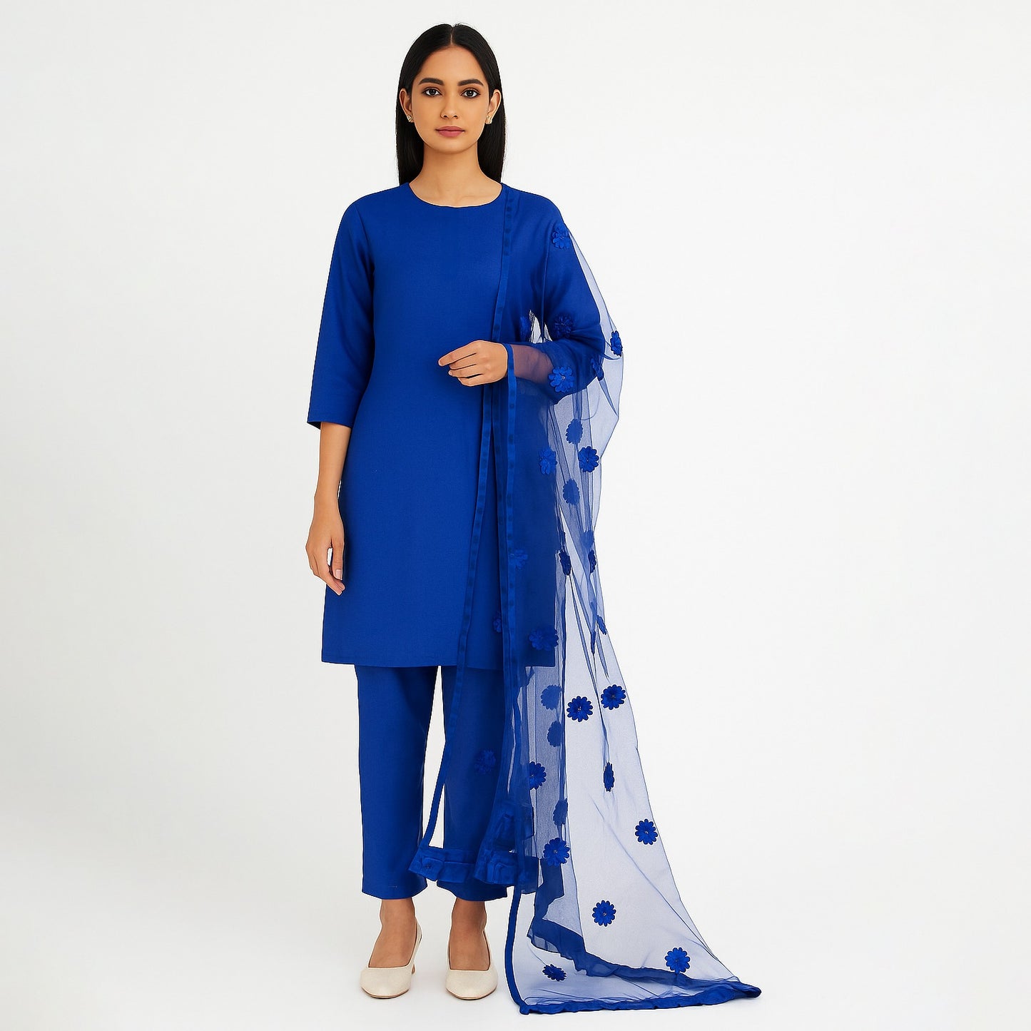 Premium Katan Silk Unstitched 3 Piece Suit With Net Dupatta For Women (Random colour)