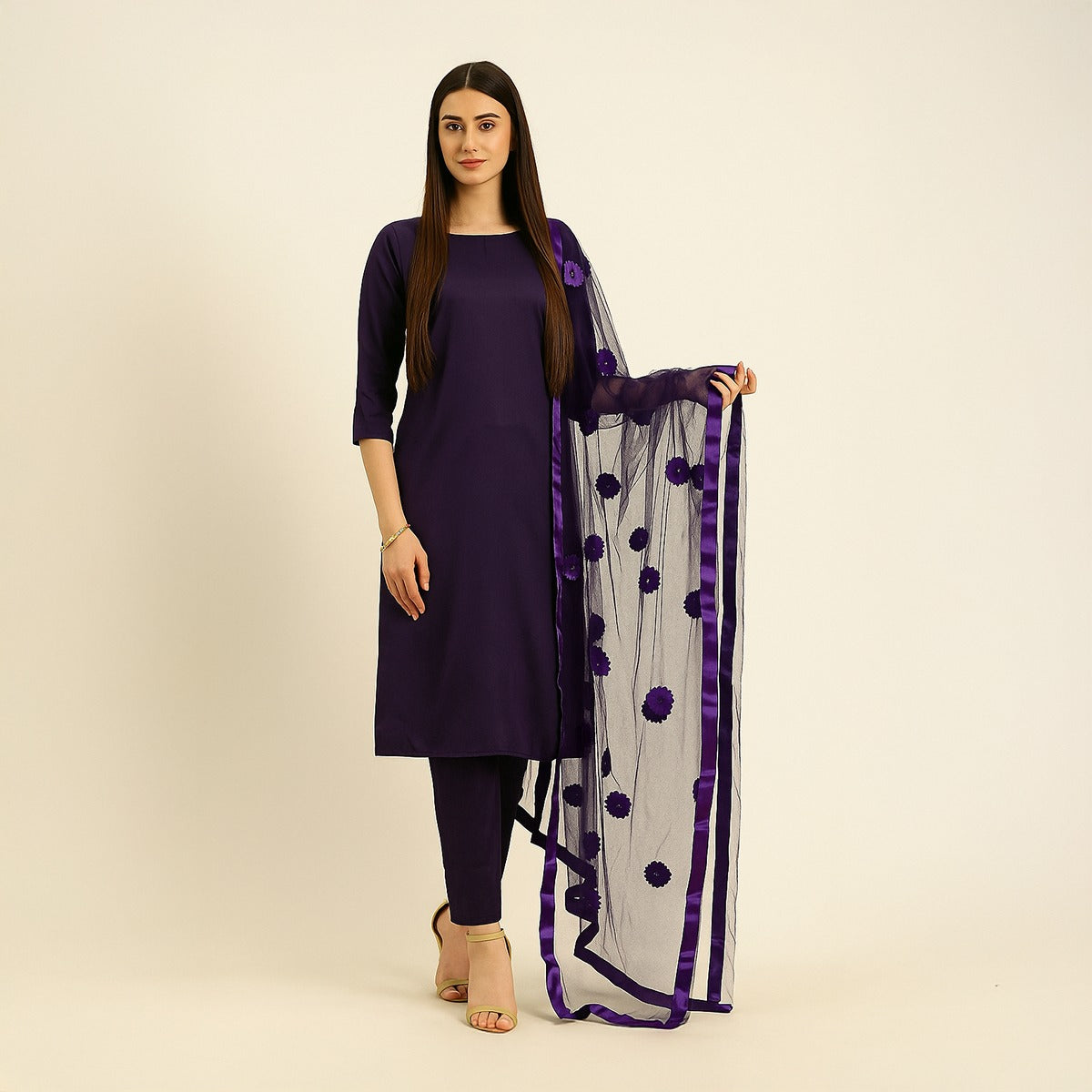 Premium Katan Silk Unstitched 3 Piece Suit With Net Dupatta For Women (Random colour)