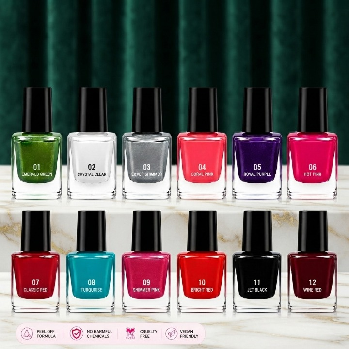 12 Pcs Peel Off Nail Paint Set – Random Colors